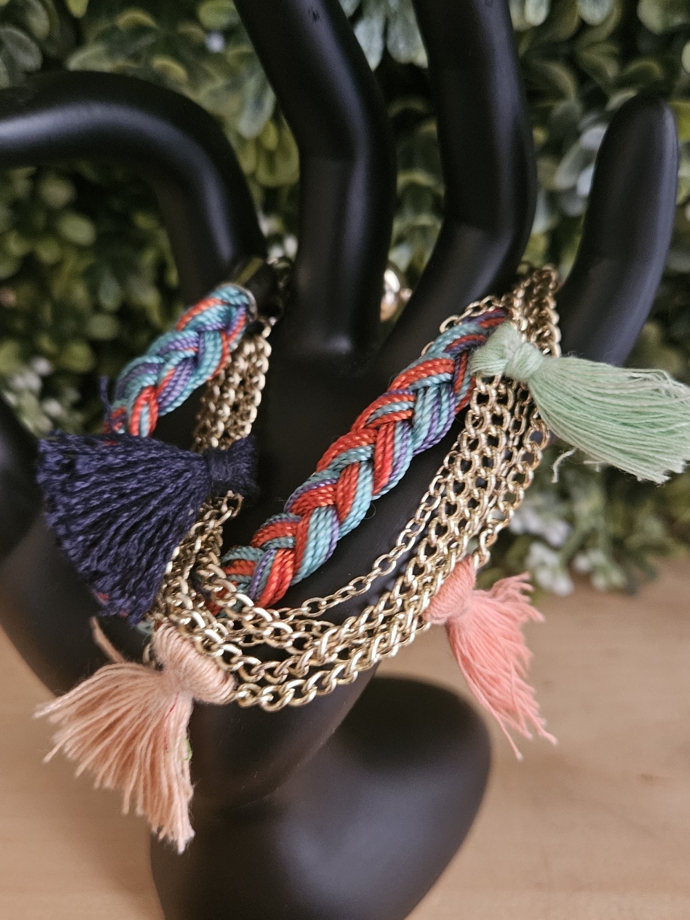 Boho Cute Braid And Tassel With Gold Chain Bracelet, Magnetic Closure